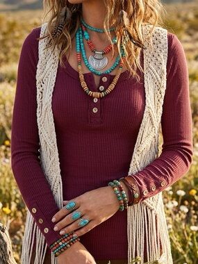 KissFix Womens Ribbed Rib Knit Long Sleeve Henley Top Button Detail Bohemian GUC